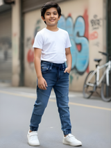 Boys' Slim-Fit Mid-Blue Denim Joggers with Elasticated Drawstring Waist