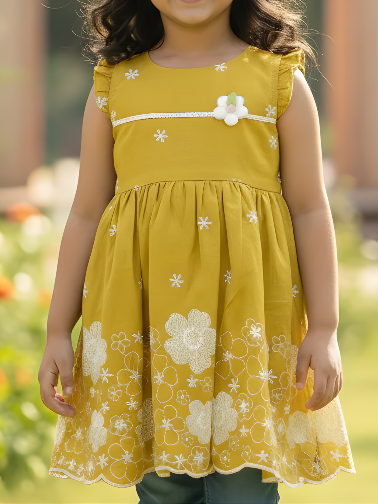 Girls' Casual Mustard Yellow Cotton Frock with White Embroidery