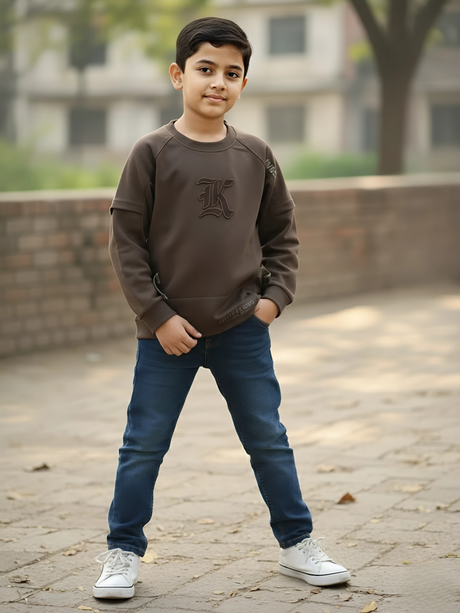 Boys Dark Green "Challengers" Graphic Full Sleeve Textured T-Shirt