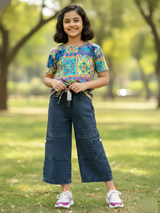 Girls' Dark Grey Wide-Leg Cargo Jeans with Drawstring Waist