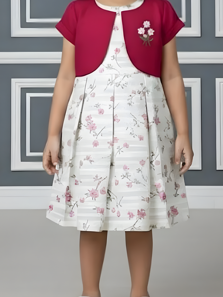 Girls' Pink Floral Print Frock with Magenta Bolero Jacket Set