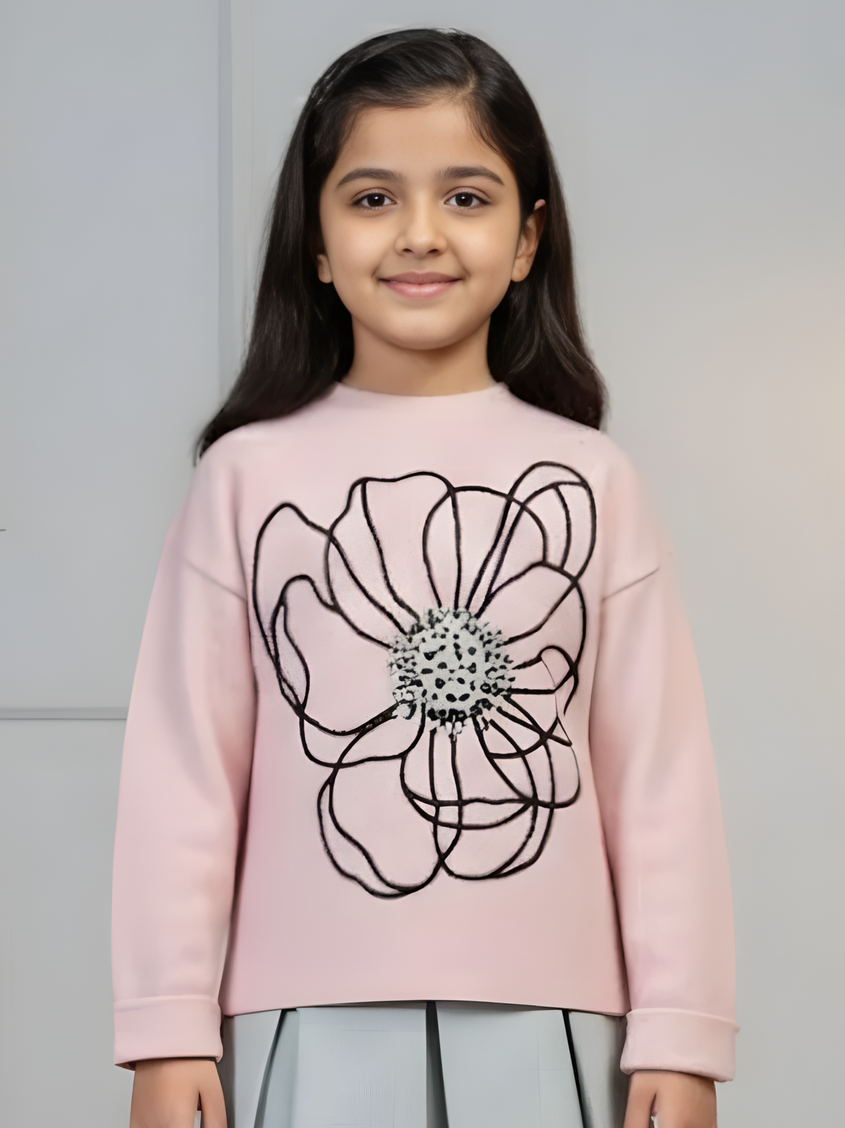 Girls' Pink Long Sleeve T-Shirt with Black Floral Graphic