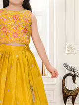 Girls' Vibrant Mustard Yellow Embroidered Lehenga Choli Set.