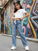 Girls Blue Embroidered Straight Fit Jeans – Lace Belt & Stylish Letter Print
