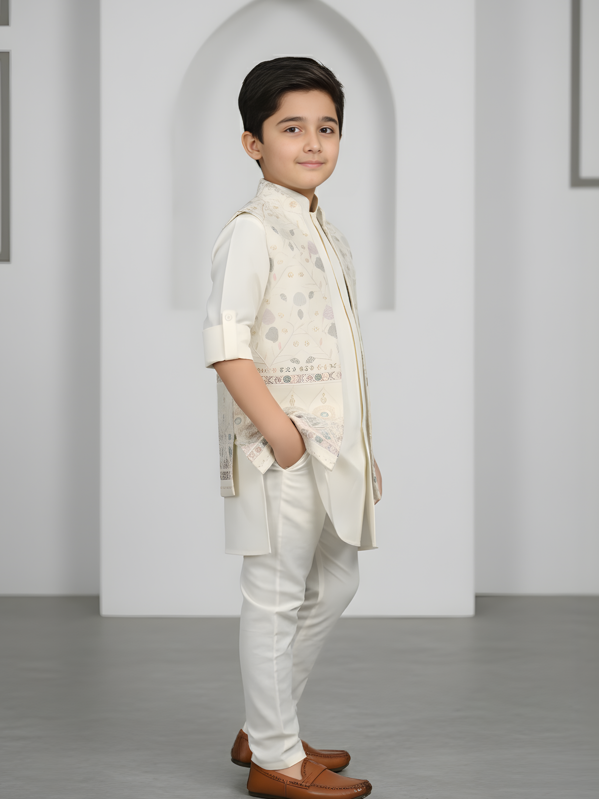 Boys' Classic Cream Solid Kurta and Pajama Set