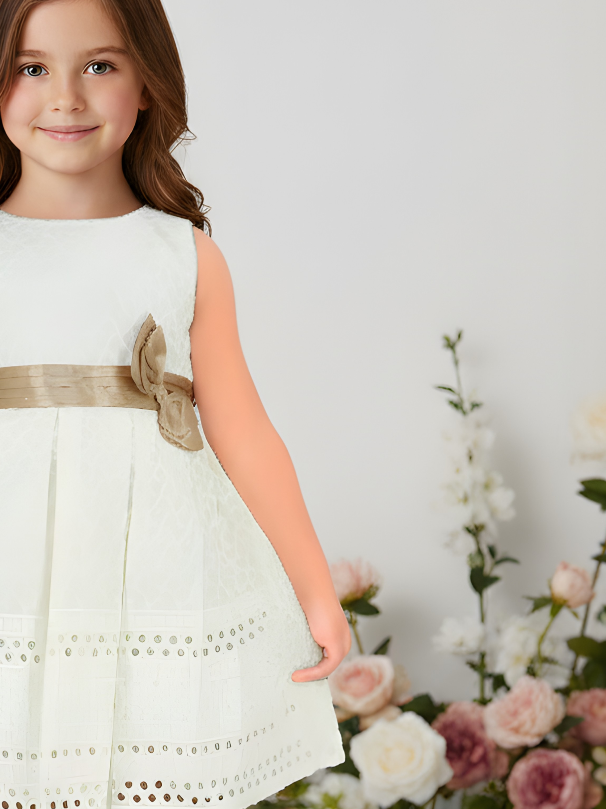 Elegant Beige & Gold Embroidered A-Line Girls' Party Dress