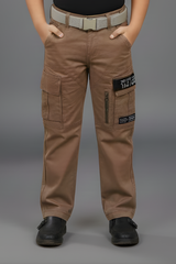 Boys’ Rugged Brown Utility Cargo Pants with Built-in Belt