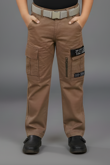 Boys’ Rugged Brown Utility Cargo Pants with Built-in Belt