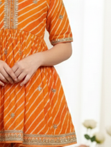 Girls' Festive Orange Printed Angrakha Top and Gharara Set