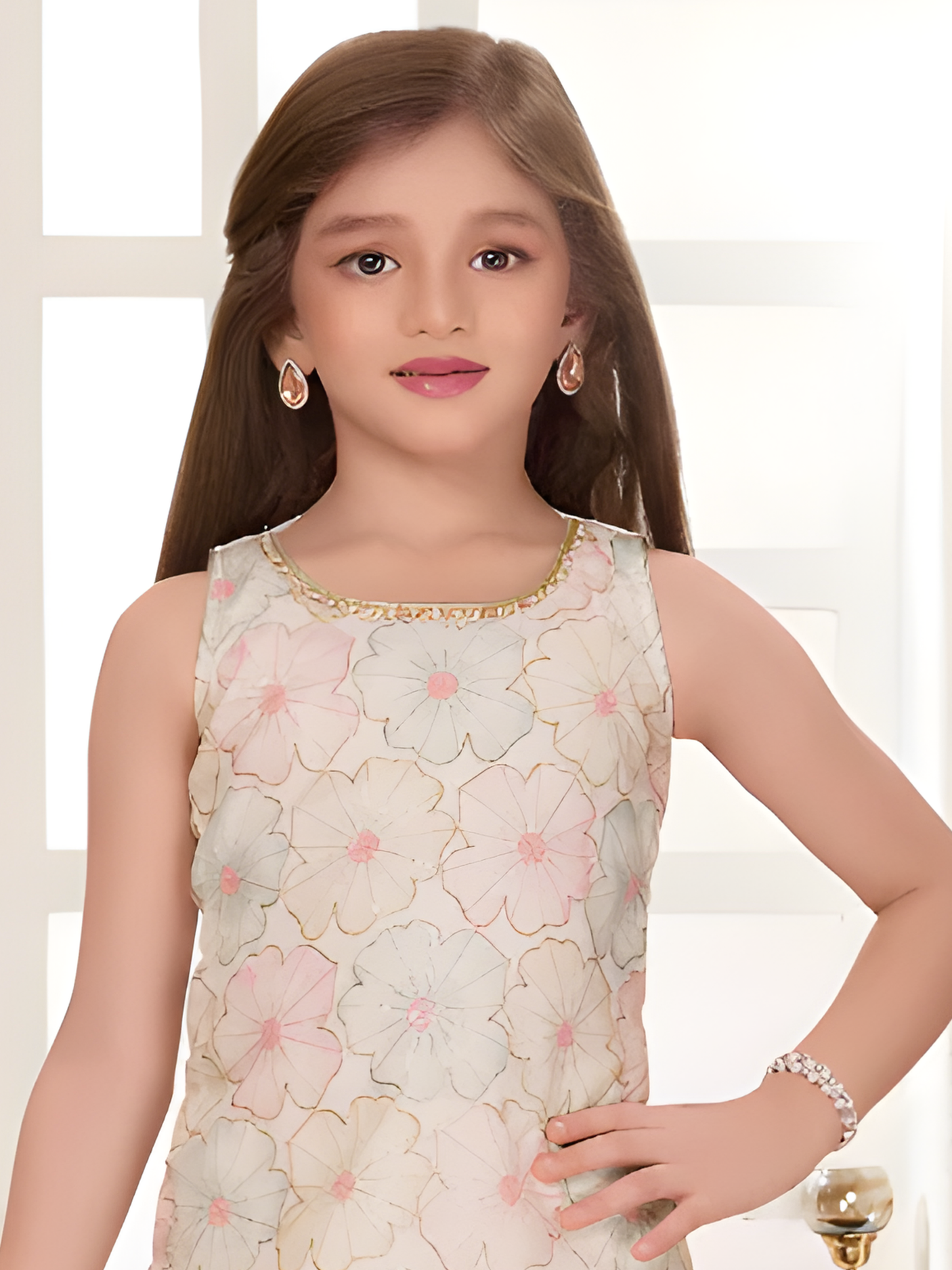 Girls' Elegant 3-Piece Cream Skirt Set with Floral Embroidered Choli and Sheer Jacket
