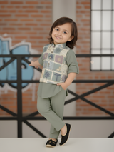 Boys' Sage Green Kurta Pajama Set with Multi-Color Patterned Waistcoat