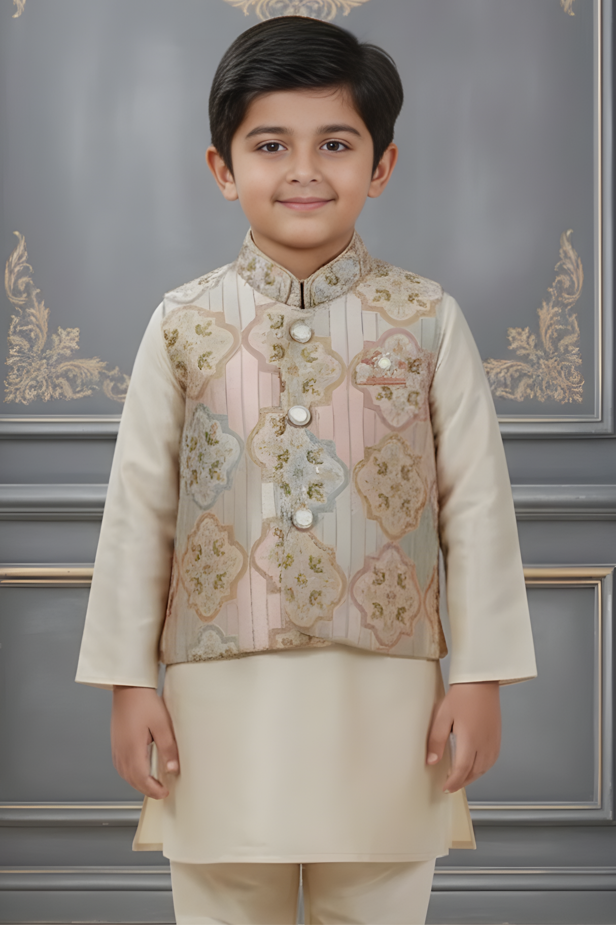 Boys' Cream Silk-Blend Kurta Set with Pastel Floral Nehru Jacket