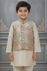 Boys' Cream Silk-Blend Kurta Set with Pastel Floral Nehru Jacket