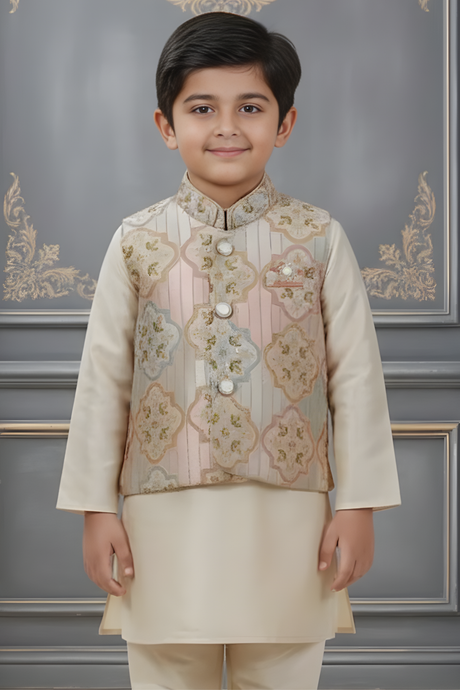 Boys' Cream Silk-Blend Kurta Set with Pastel Floral Nehru Jacket