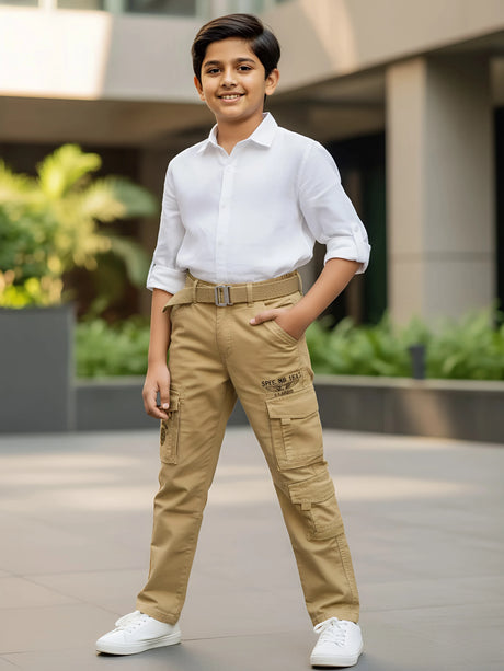 Boys' Khaki Multi-Pocket Cotton Cargo Pants with Webbing Belt
