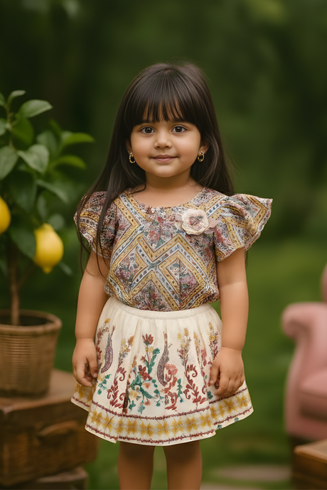 Girls' Vintage Cream Floral Skirt & Flutter Sleeve Top Set