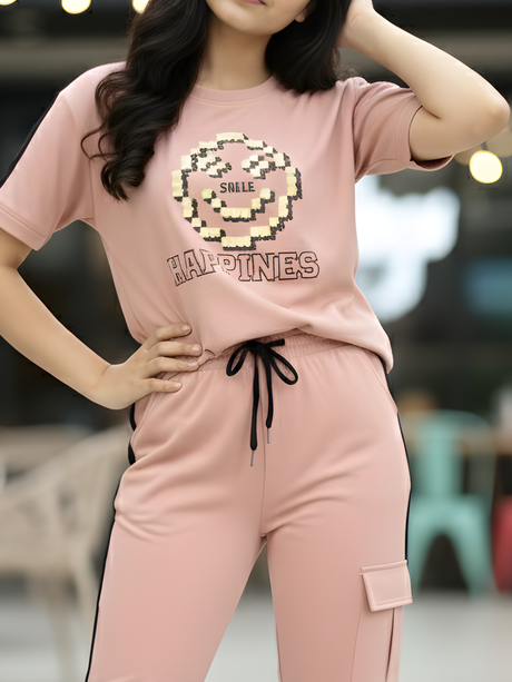 Girls Peach 'Happiness' Graphic Cargo Co-ord Set