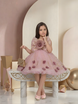 Girls' Dusty Rose Glitter Tulle Frock with Oversized Bow & 3D Flowers.
