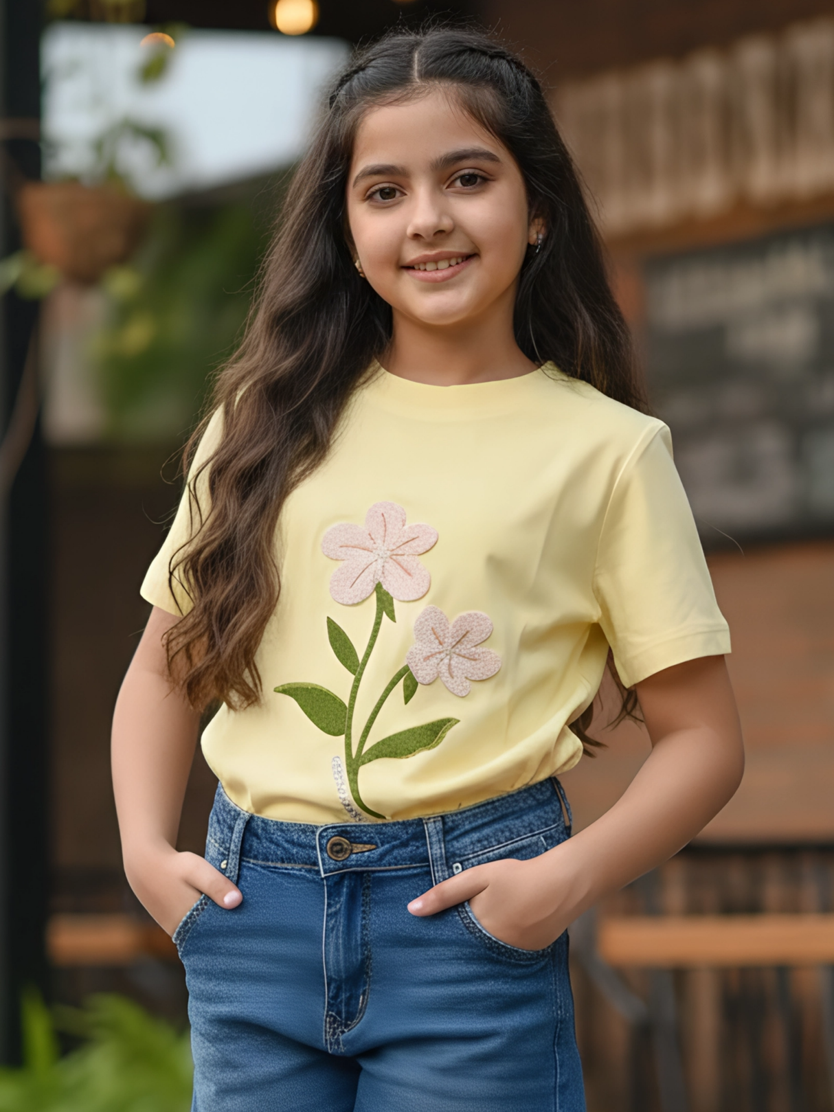 Girl's Pastel Yellow Floral Embroidered Top