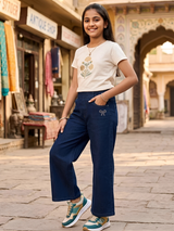 Girls Navy Blue Wide-Leg Comfort Jeans