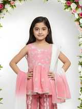 Girls' Powder Pink Embroidered Peplum Kurta & Printed Sharara Set.