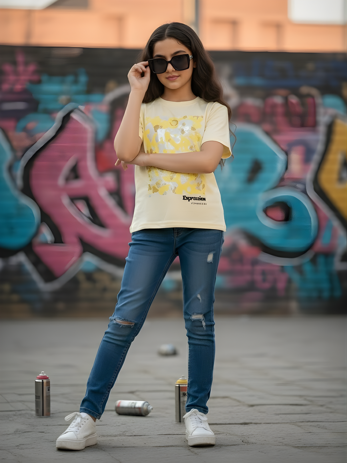 Girls' Abstract Floral Graphic Knit Top - Pastel Yellow..