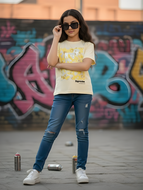 Girls' Abstract Floral Graphic Knit Top - Pastel Yellow..