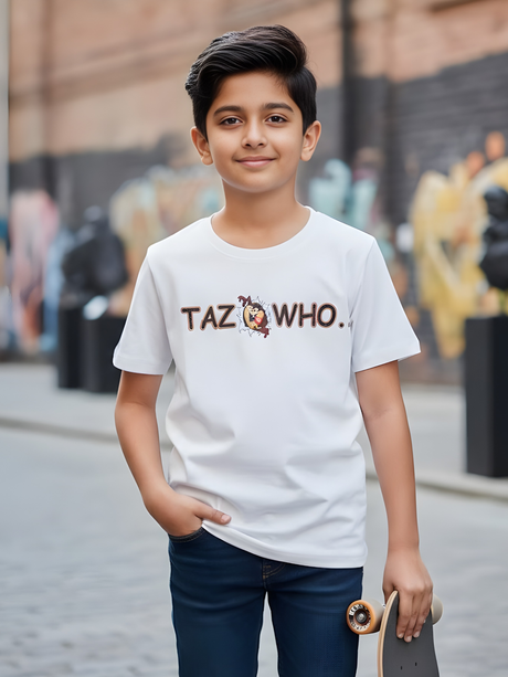 Boys "TAZ WHO." Looney Tunes Graphic Print White T-Shirt