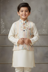 Boys' Cream Silk-Blend Kurta Set with Floral Embroidered Nehru Jacket