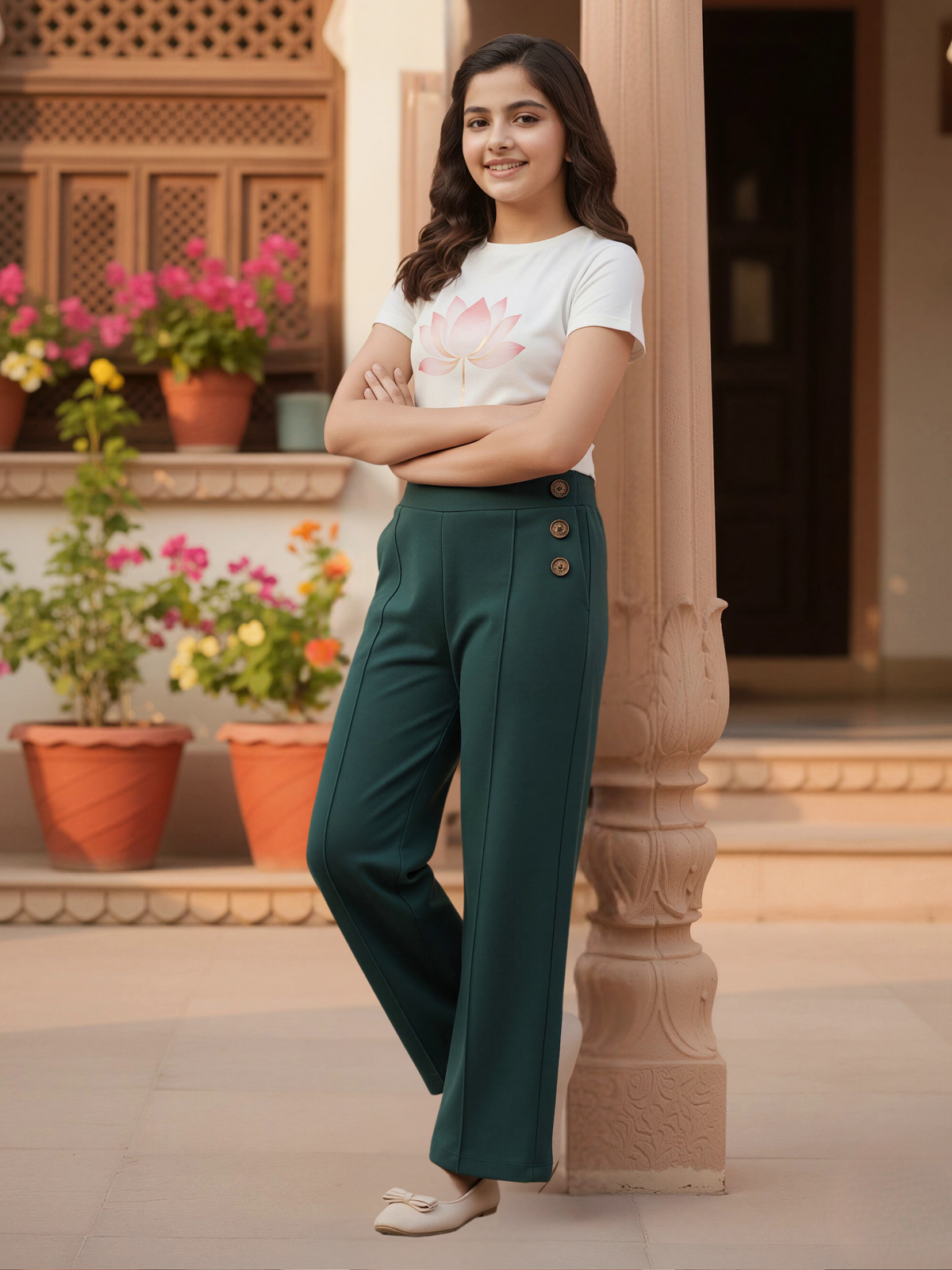 Girls' Emerald Green Wide-Leg Button-Accent Trousers