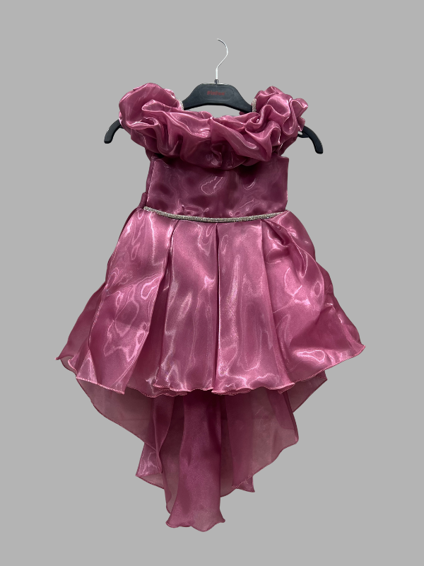 Girls’ Elegant Ruffle Party Dress – Shiny Rose Pink with Bow Back