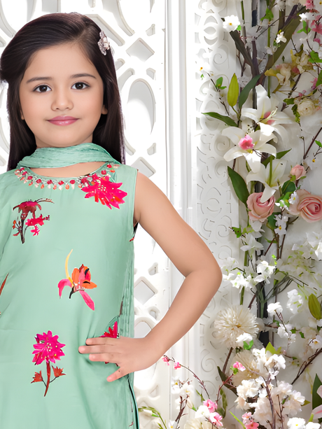 Girls' Green Floral Print Kurta Sharara Set with Dupatta