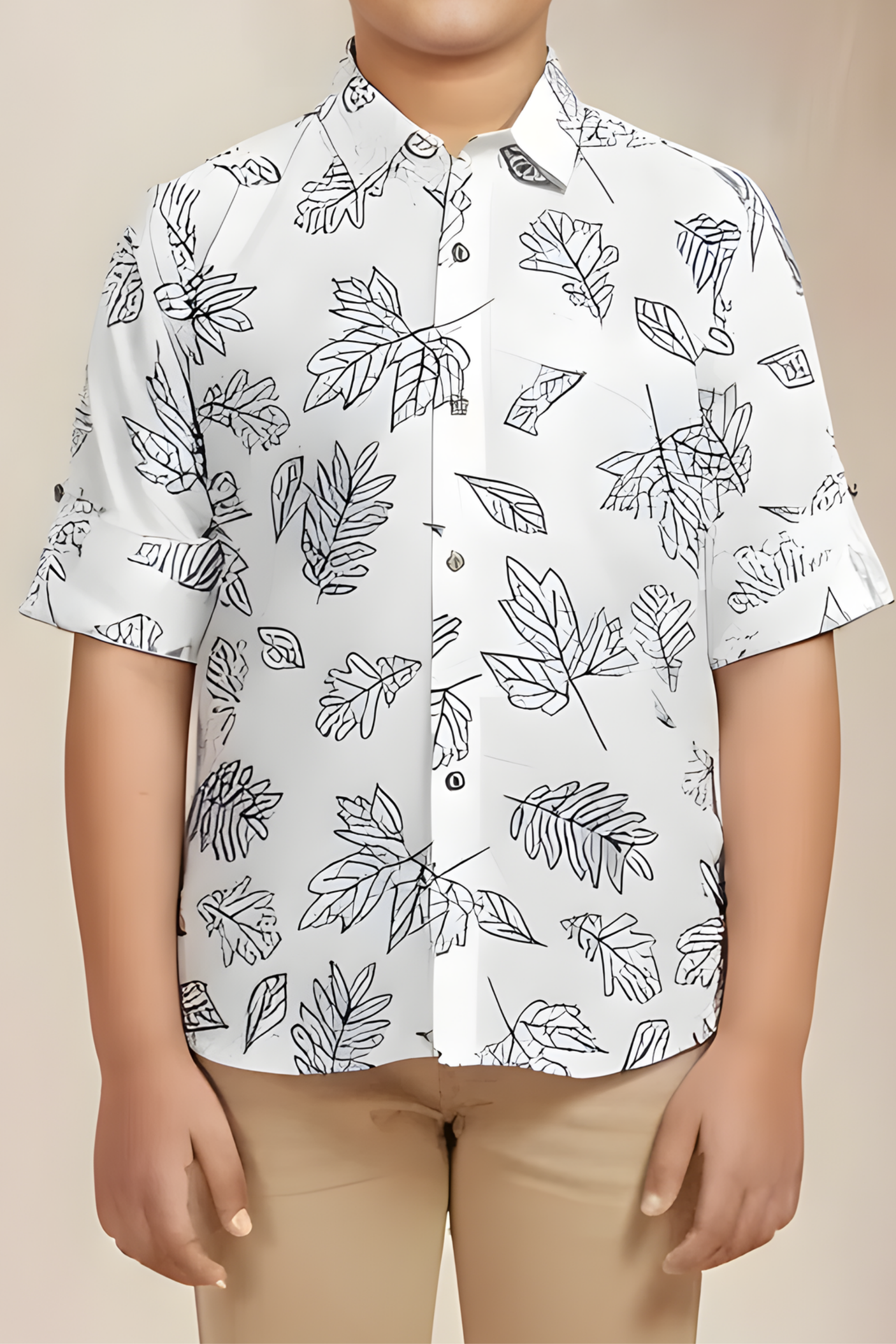 Boys' Stylish White Casual Shirt with Black Outline Leaf Print