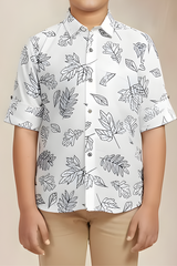 Boys' Stylish White Casual Shirt with Black Outline Leaf Print