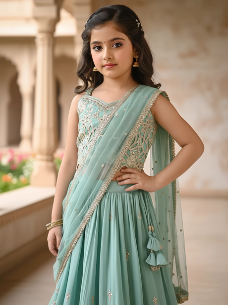 Girls' Seafoam Green Cutwork Choli Set with Scalloped Dupatta