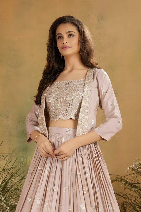Girls' Floral Embroidered Jacket and Cream Lehenga Choli Set