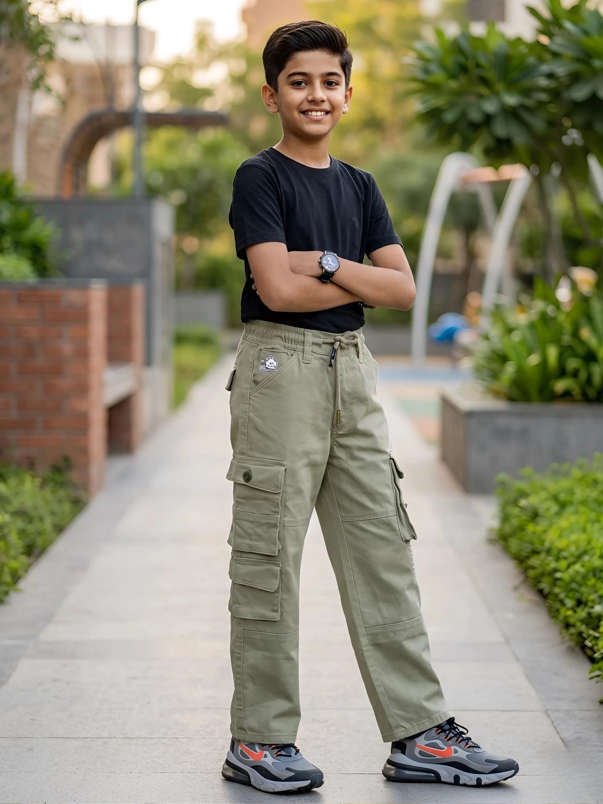 Kids' Utility Cargo Pants - Olive Green Multi-Pocket Drawstring Trousers.