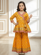Girls' Vibrant Orange Floral Print Angrakha Kurti and Tiered Sharara Set