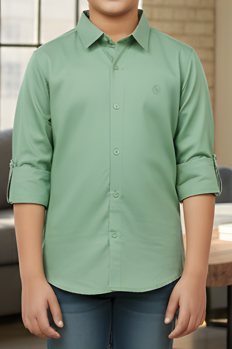 Boy's Crisp Light Green Casual Shirt with Roll-Up Sleeves