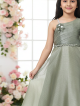 Girls Party Satin Western Gown With Work - Green