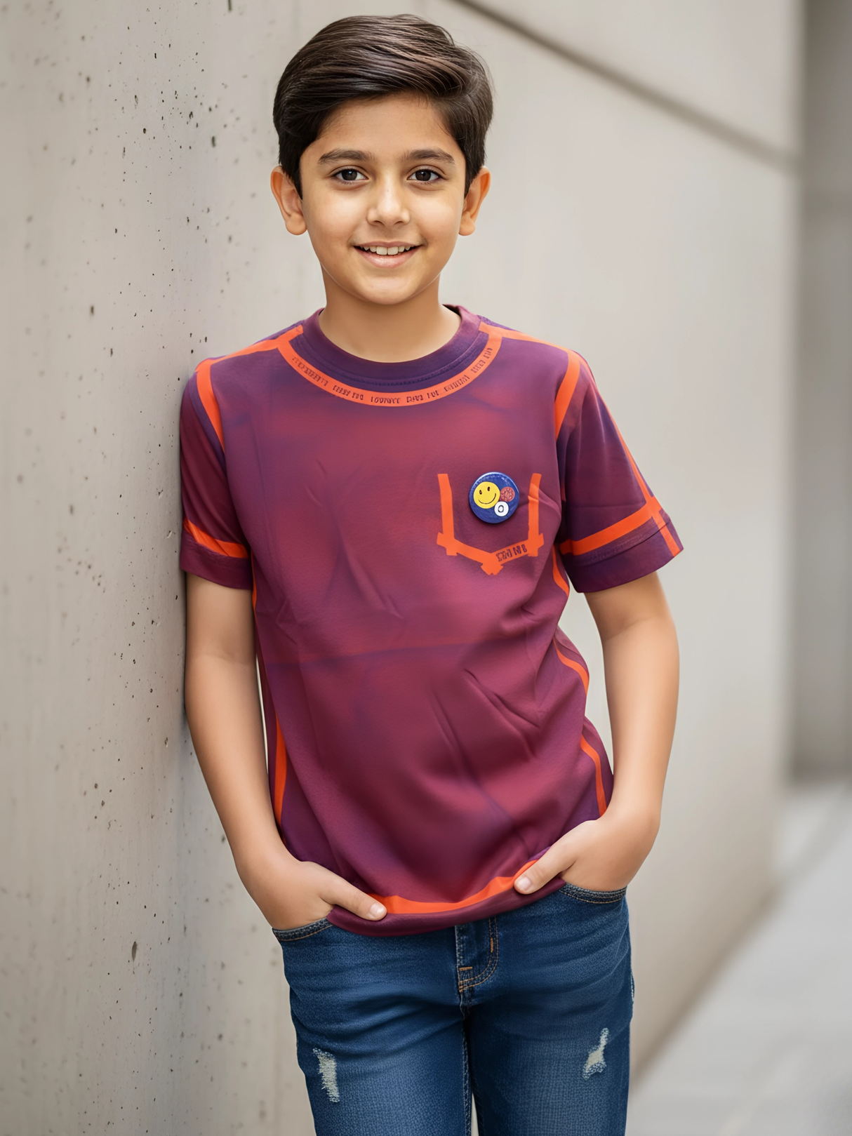 Kids' Smiley Patch Maroon T-Shirt with Contrast Piping