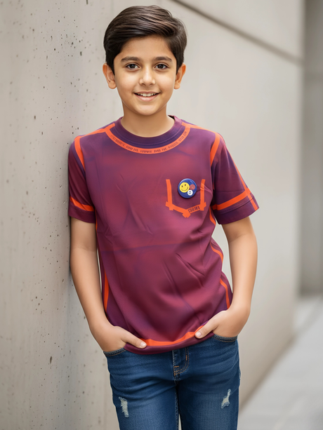 Kids' Smiley Patch Maroon T-Shirt with Contrast Piping