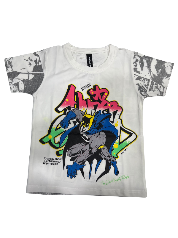 Boys white "Batman Graphic Tee with Bold Street Art Design"