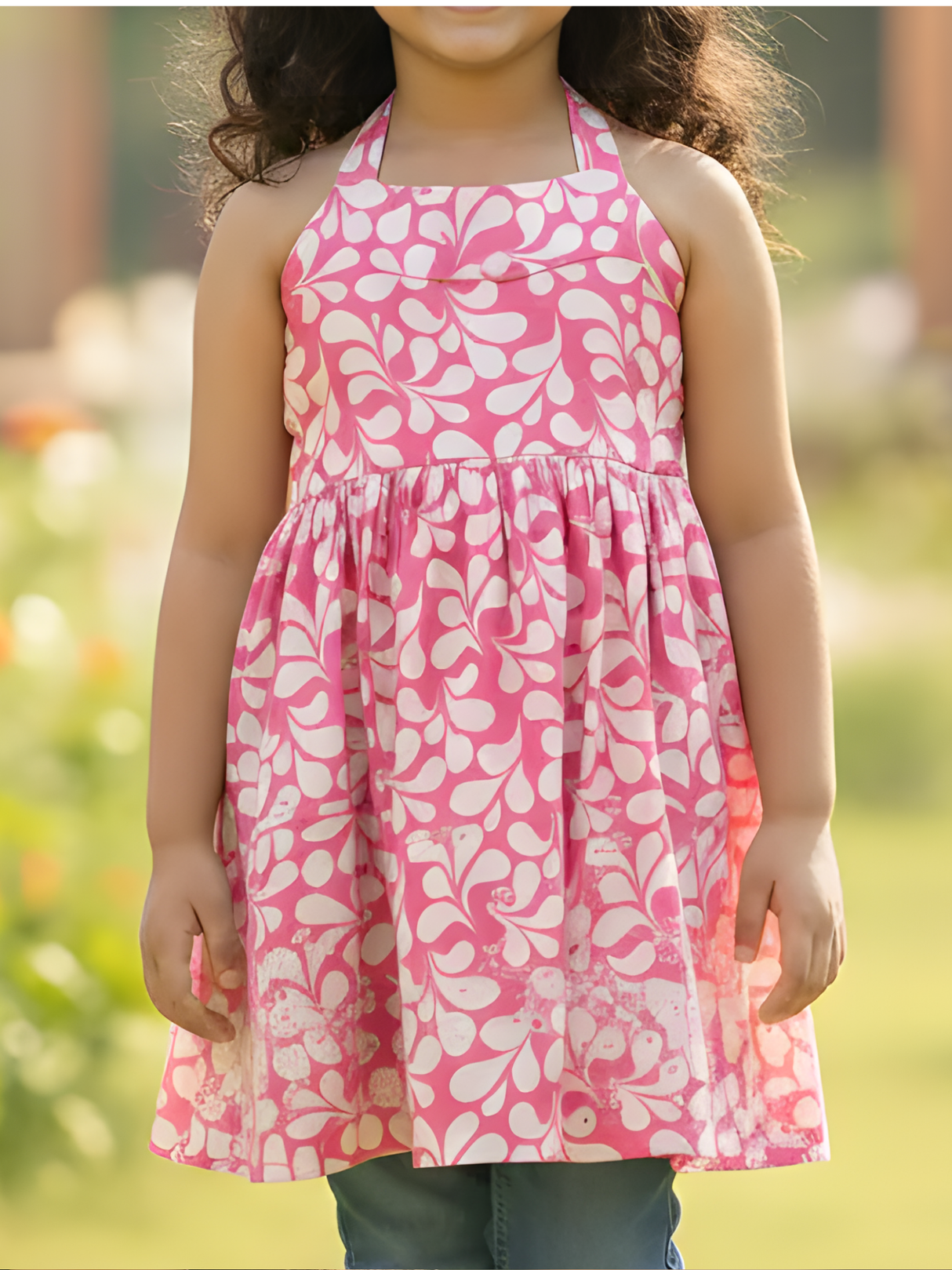 Girls' Casual Halter-Neck Pink and White Floral Print Frock