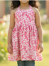 Girls' Casual Halter-Neck Pink and White Floral Print Frock