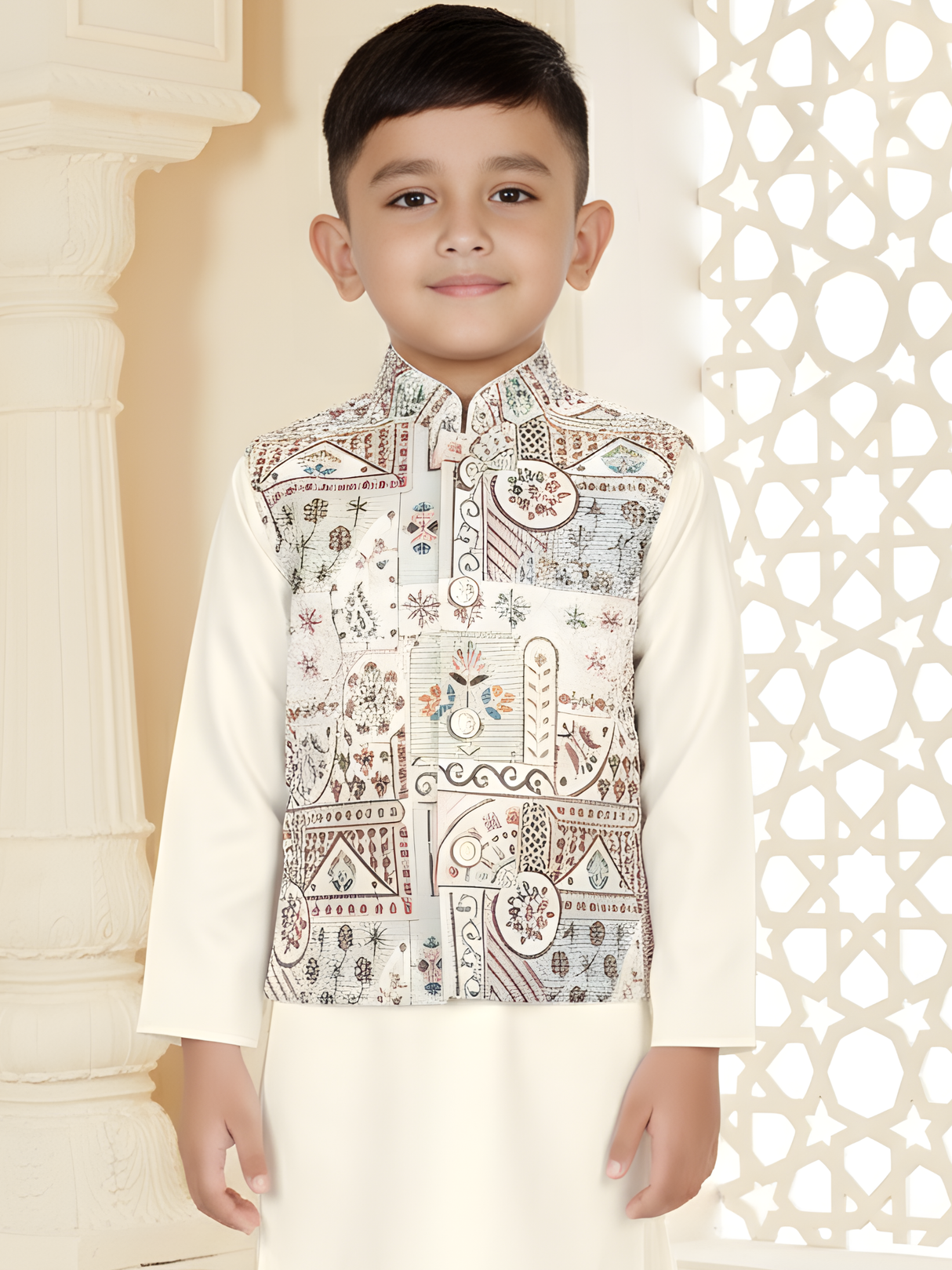 Boy's Cream Kurta Set with Multicolor Printed Nehru Jacket