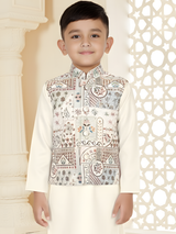 Boy's Cream Kurta Set with Multicolor Printed Nehru Jacket