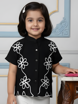 Girls Black Mandarin Collar Shirt with White Floral Embroidery