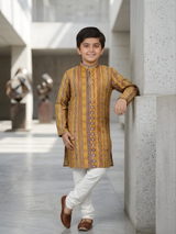 Boys' Festive Yellow & Blue Ikat Print Kurta with Cream Pyjama Set.