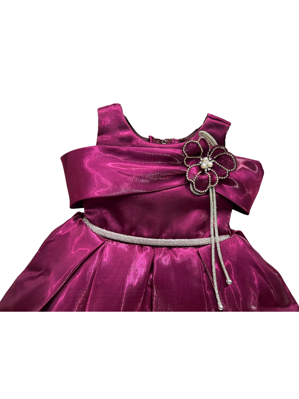 Baby Girl Peach Shimmer Party Dress – Bow Front with Floral Brooch